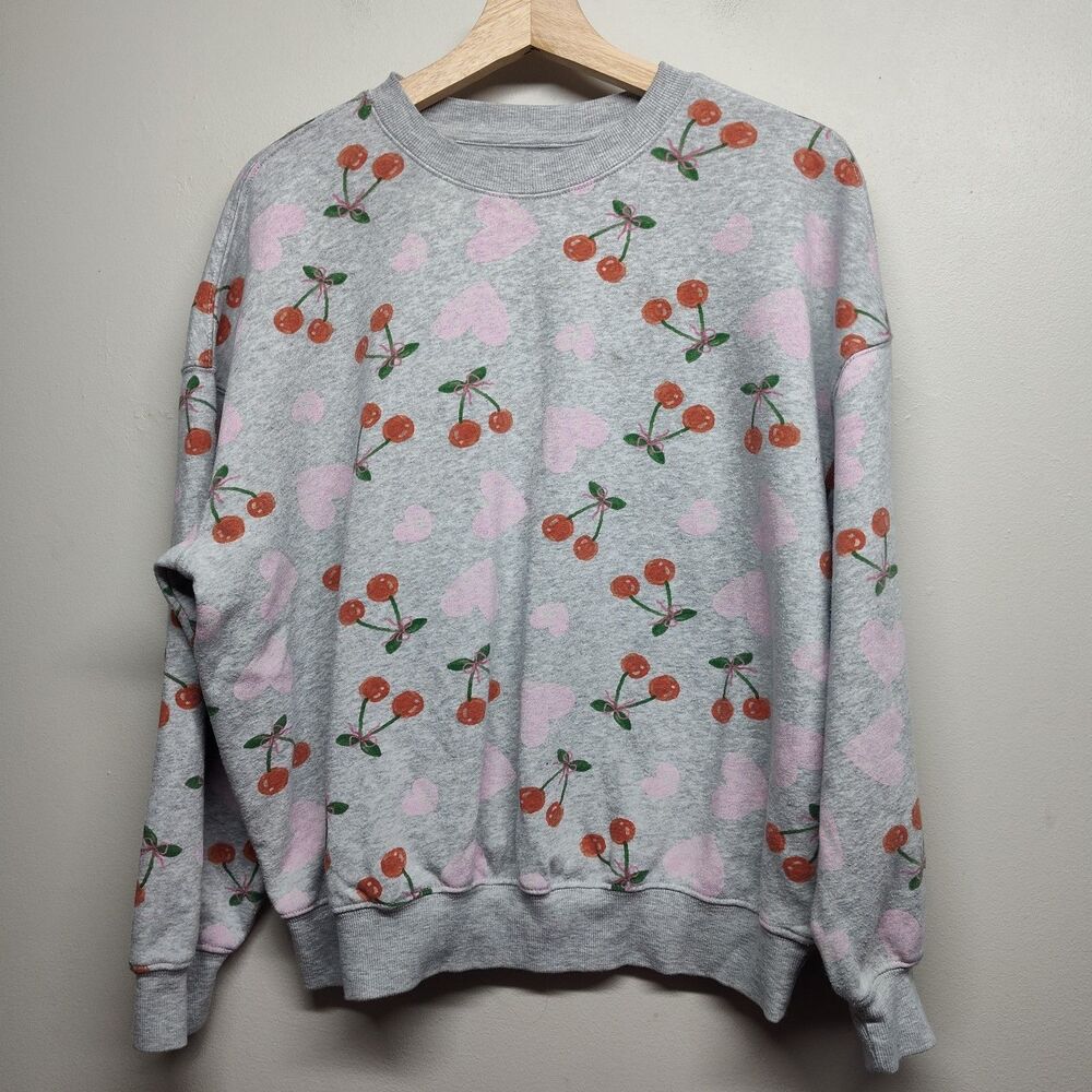 Zoe + Liv Sweatshirt Women M Gray Cherries Hearts Girly Coquette Retro Lounge